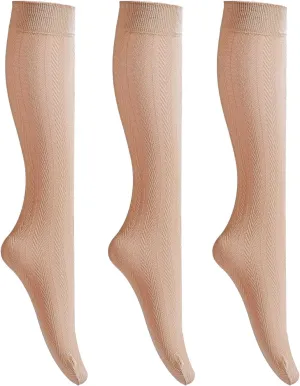 3 Packs Trouser Socks Knee Highs for women Jacquard Patterned 30D Ultra Stretchable Semi Sheer Opaque Knee Socks