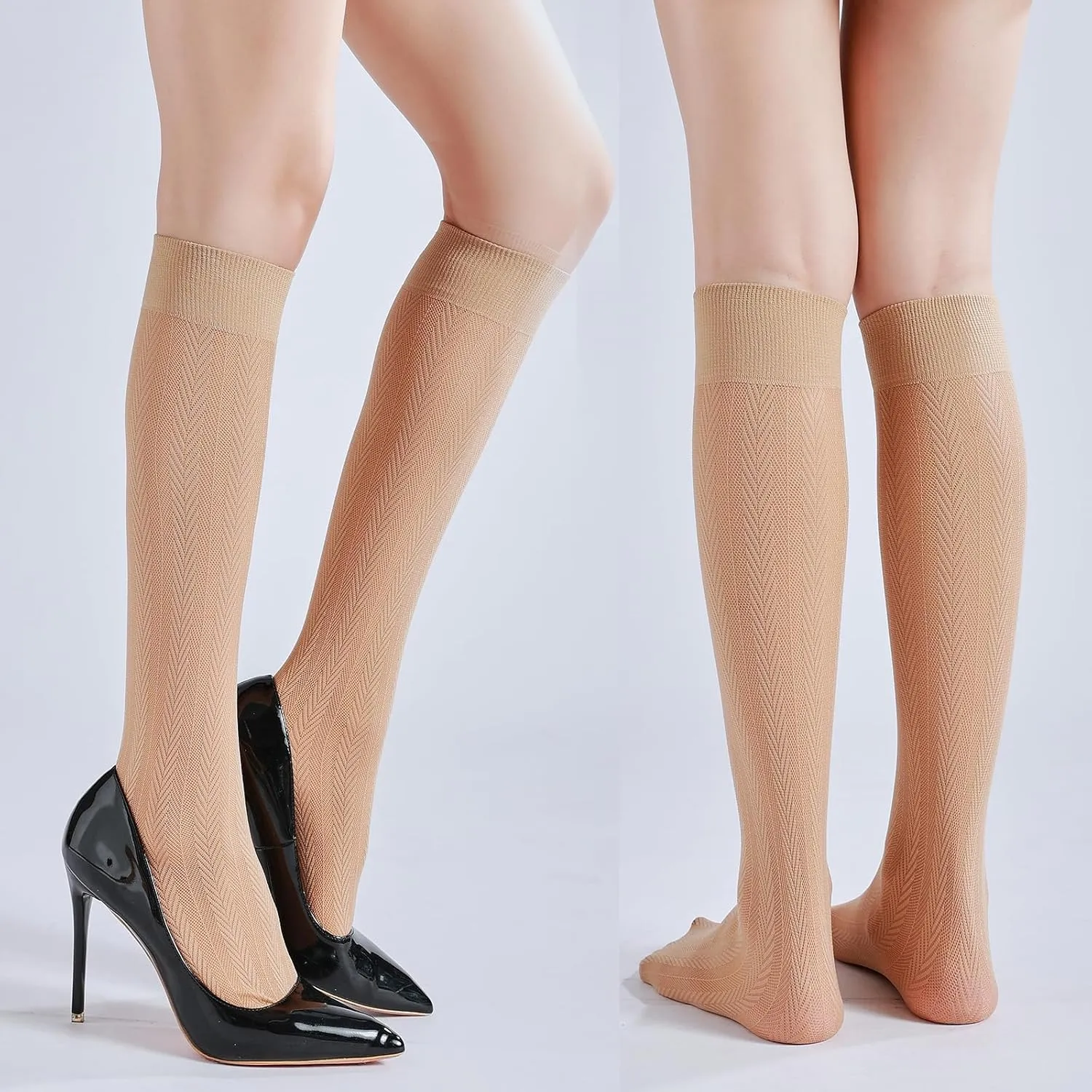 3 Packs Trouser Socks Knee Highs for women Jacquard Patterned 30D Ultra Stretchable Semi Sheer Opaque Knee Socks