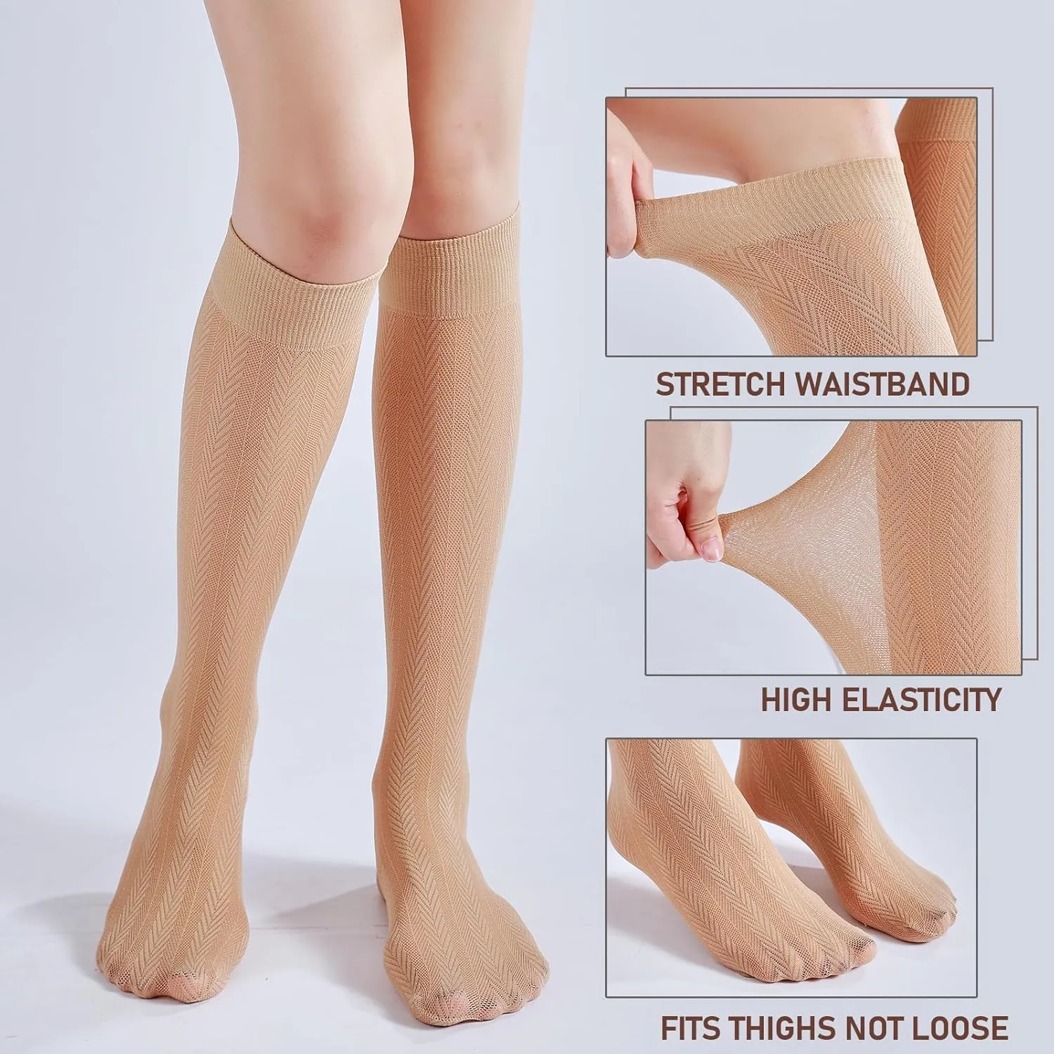 3 Packs Trouser Socks Knee Highs for women Jacquard Patterned 30D Ultra Stretchable Semi Sheer Opaque Knee Socks