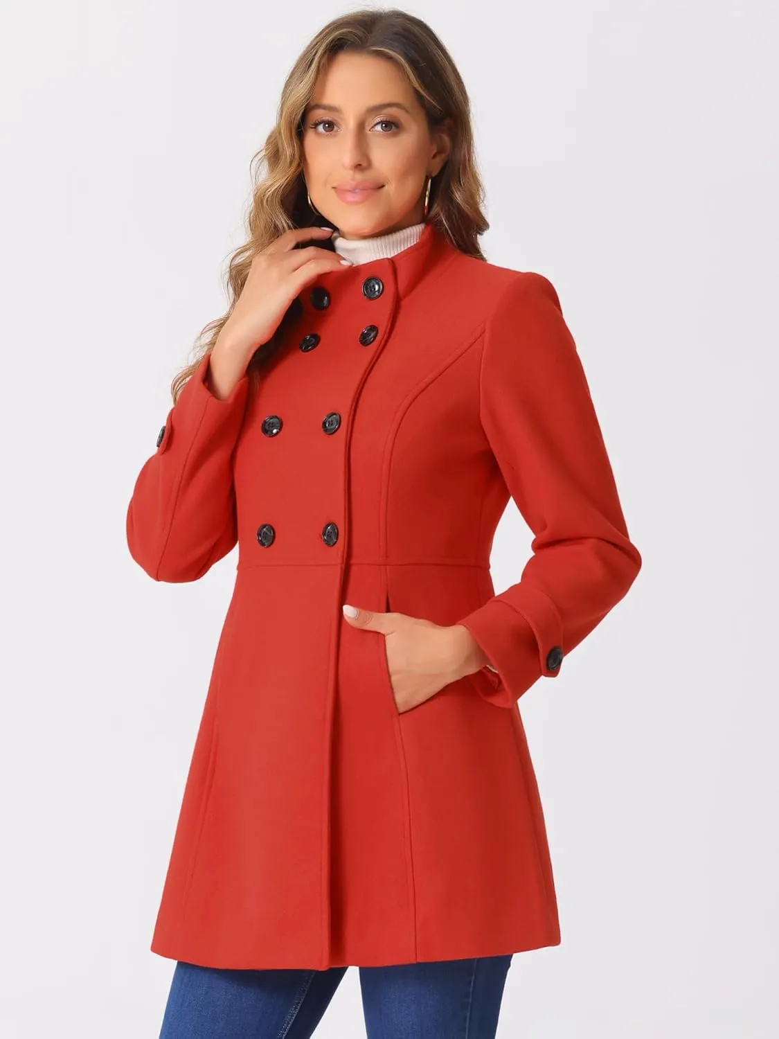 Allegra K Women's Stand Collar Double Breasted Slant Pockets Trendy Outwear Winter Coat