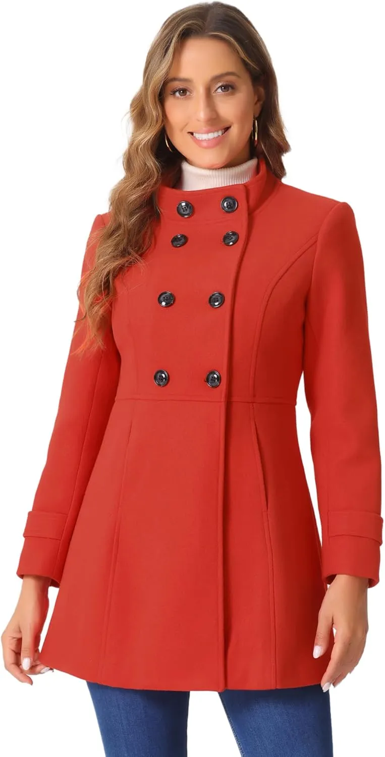 Allegra K Women's Stand Collar Double Breasted Slant Pockets Trendy Outwear Winter Coat