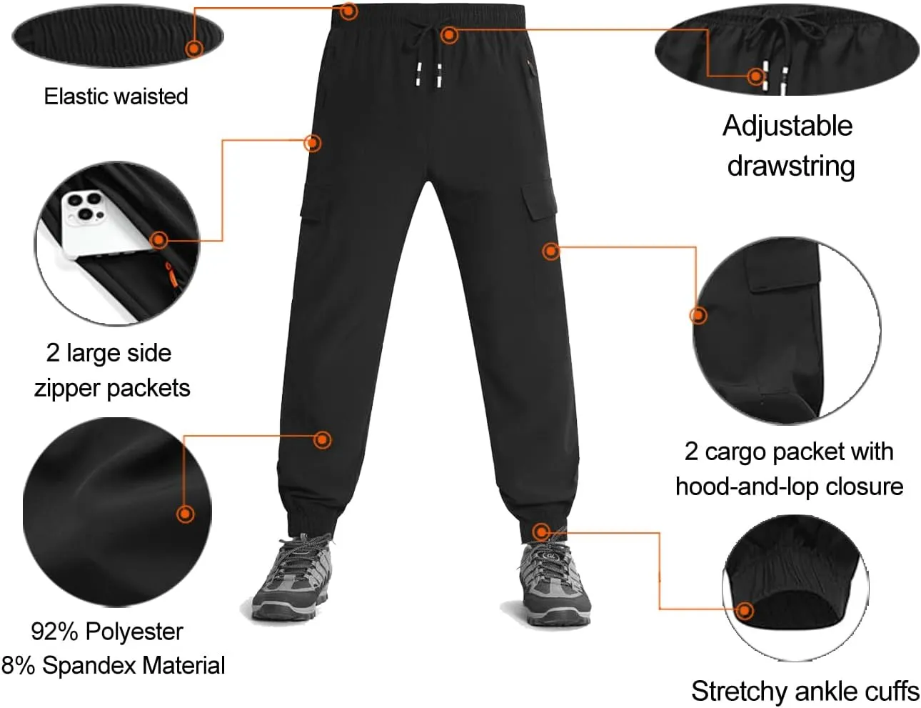 Boys Cargo Joggers Pants Outdoor Youth Quick Dry Hiking Pants Lightweight Athletic Pants with Zipper Pockets