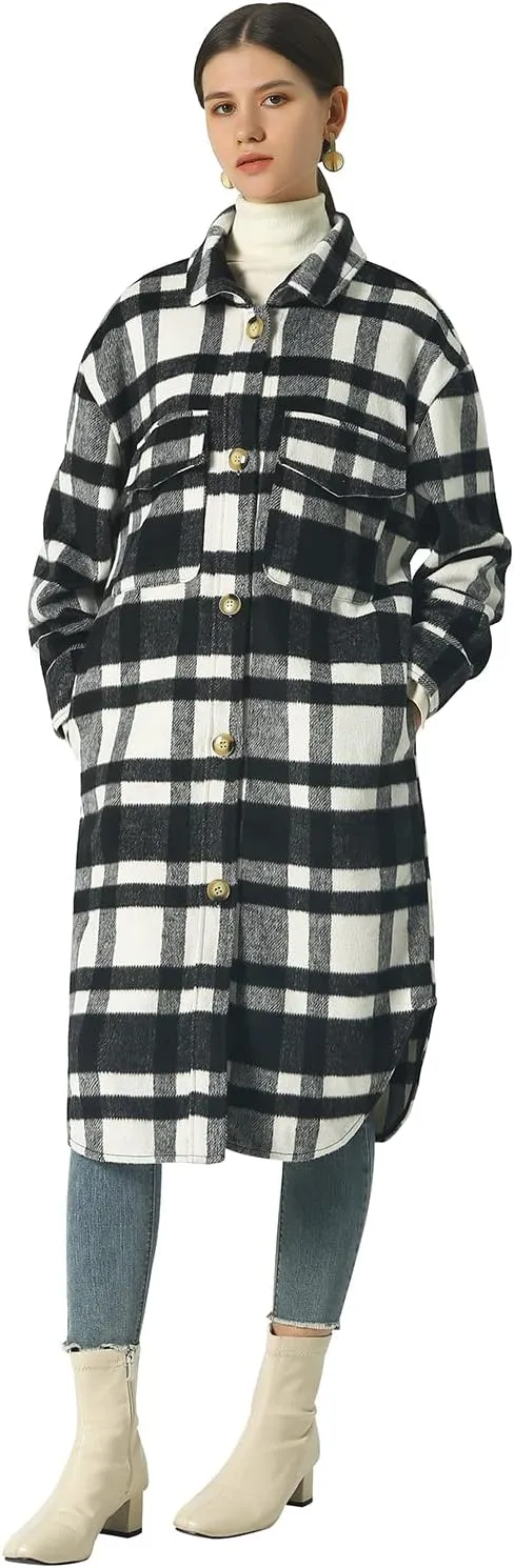 CHARTOU Women's Lightweight Spread Collar Wool Blend Plaid Midi Long Shacket Trench Coat