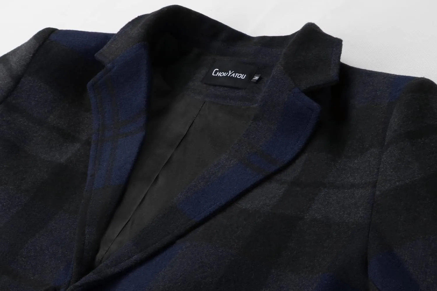 chouyatou Men's Casual Notched Collar Plaid Single Breasted Wool Blend Formal Trench Top Coat