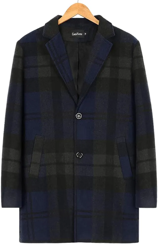 chouyatou Men's Casual Notched Collar Plaid Single Breasted Wool Blend Formal Trench Top Coat