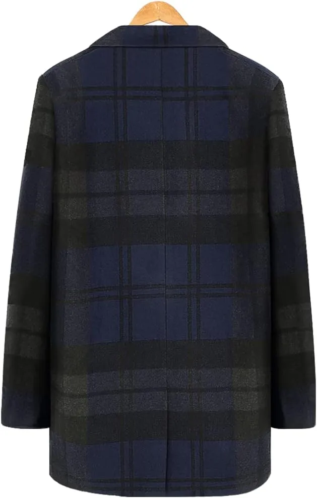 chouyatou Men's Casual Notched Collar Plaid Single Breasted Wool Blend Formal Trench Top Coat