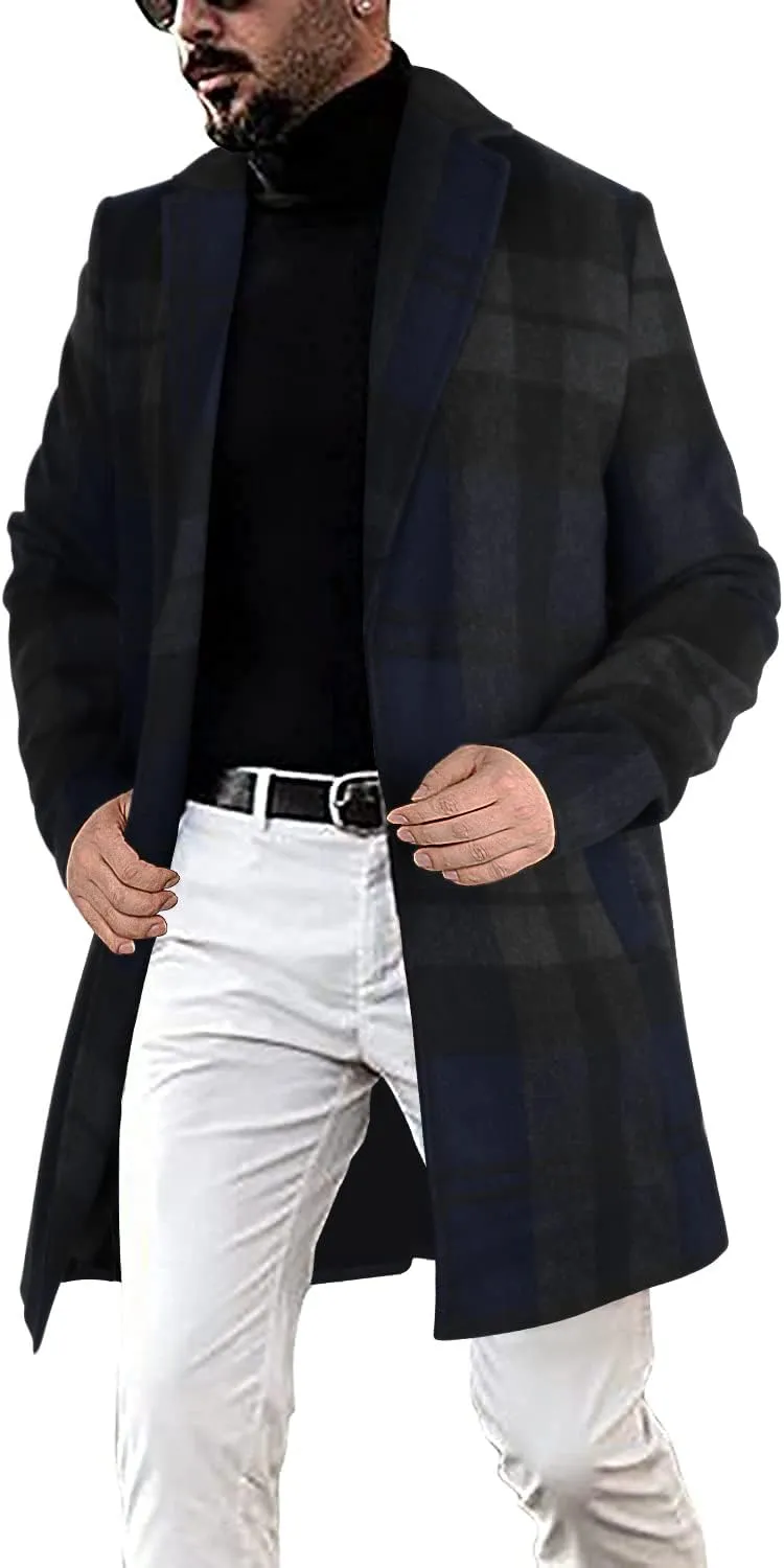 chouyatou Men's Casual Notched Collar Plaid Single Breasted Wool Blend Formal Trench Top Coat