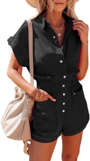 chouyatou Women's Short Cuffed Sleeve Utility Rompers Elastic Waist Button Down Cotton Pocketed Jumpsuit