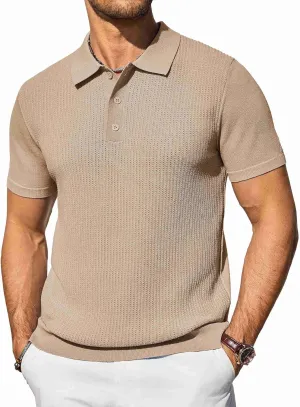 COOFANDY Men's Knit Polo Shirts Short Sleeve Casual Button Down Shirts Vintage Collared Golf Shirts