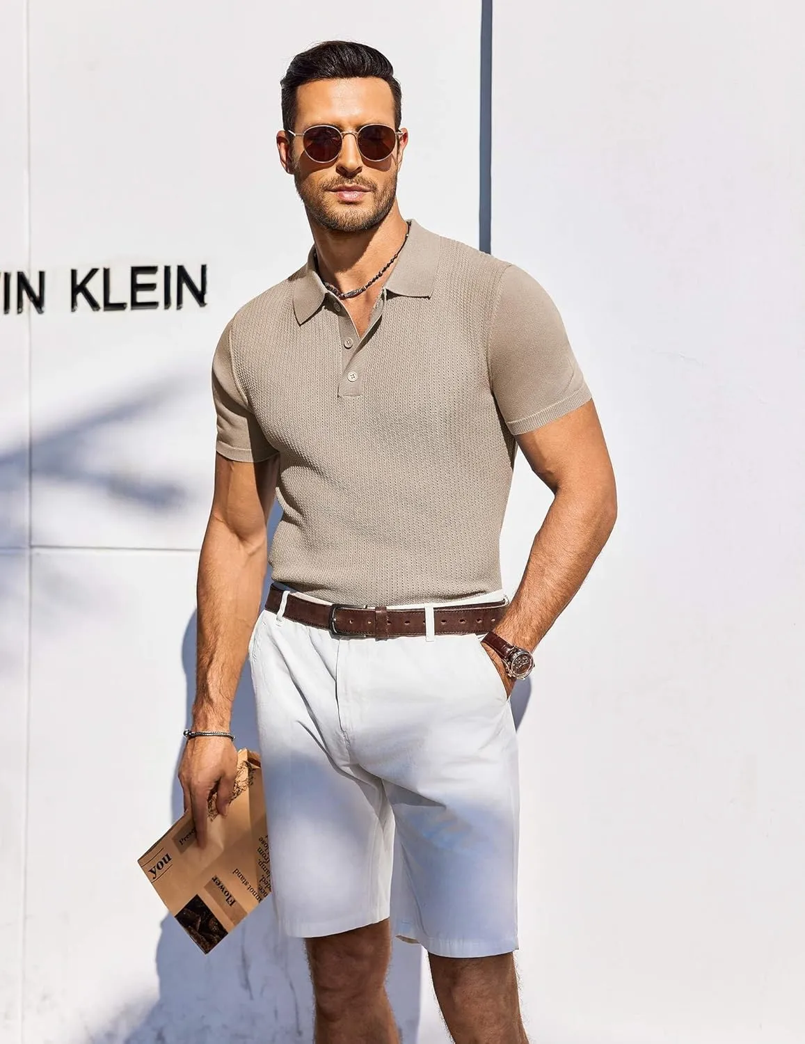 COOFANDY Men's Knit Polo Shirts Short Sleeve Casual Button Down Shirts Vintage Collared Golf Shirts