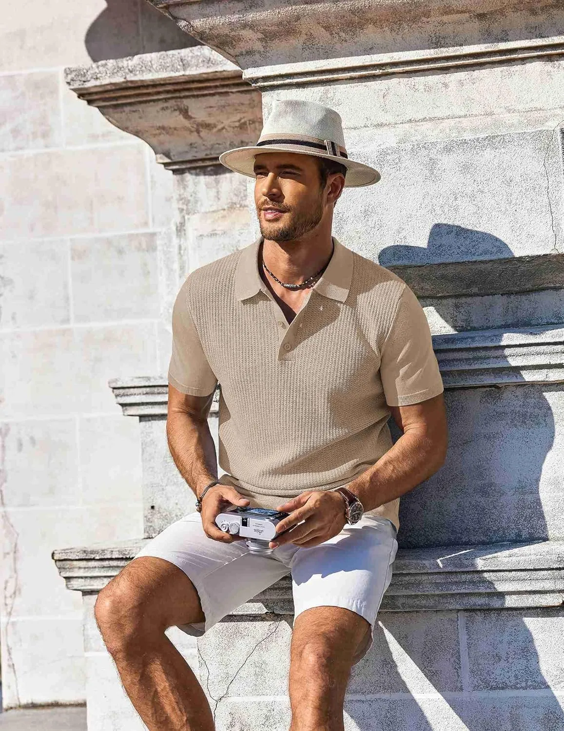 COOFANDY Men's Knit Polo Shirts Short Sleeve Casual Button Down Shirts Vintage Collared Golf Shirts