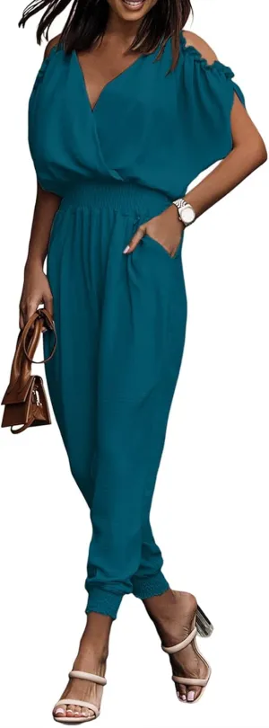 Dokotoo Jumpsuit for Womens Dressy Casual 2025 One Piece Romper Cold Shoulder Outfits for Summer