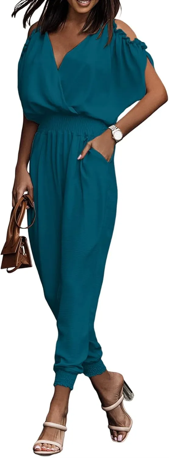 Dokotoo Jumpsuit for Womens Dressy Casual 2025 One Piece Romper Cold Shoulder Outfits for Summer