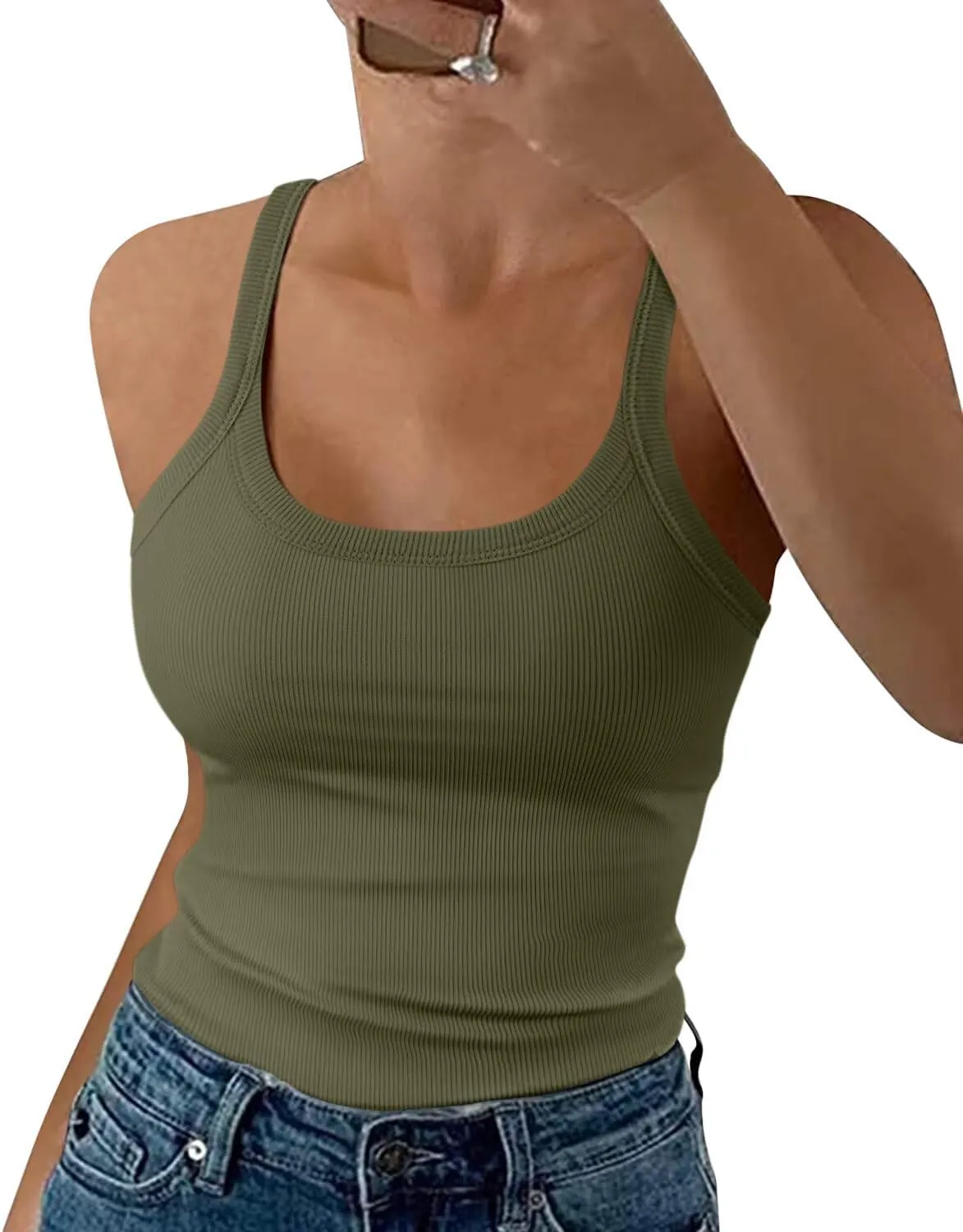 EADINVE Women's Scoop Neck Spaghetti Strap Tank Top Ribbed Sleeveless Slim Fit Camisole Summer Casual Outfits 2025
