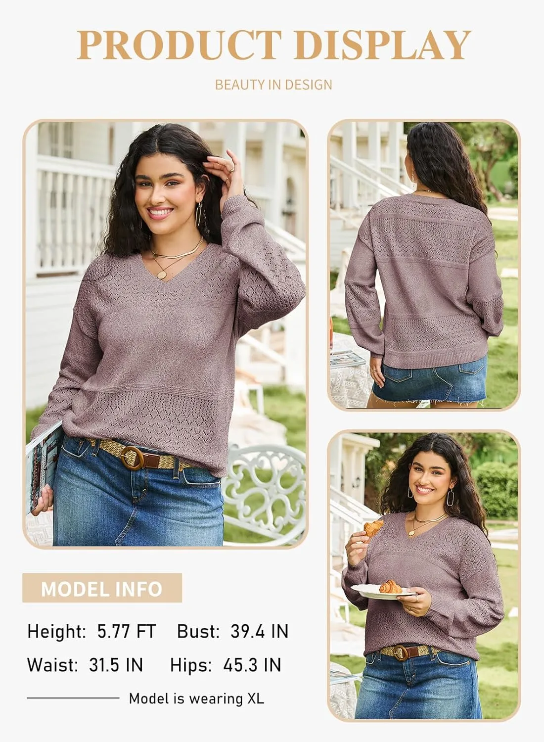 Eytino Womens Plus Size Sweater Casual Long Sleeve V Neck Crochet Knit Lightweight Pullover Sweater Tops(1X-5X)