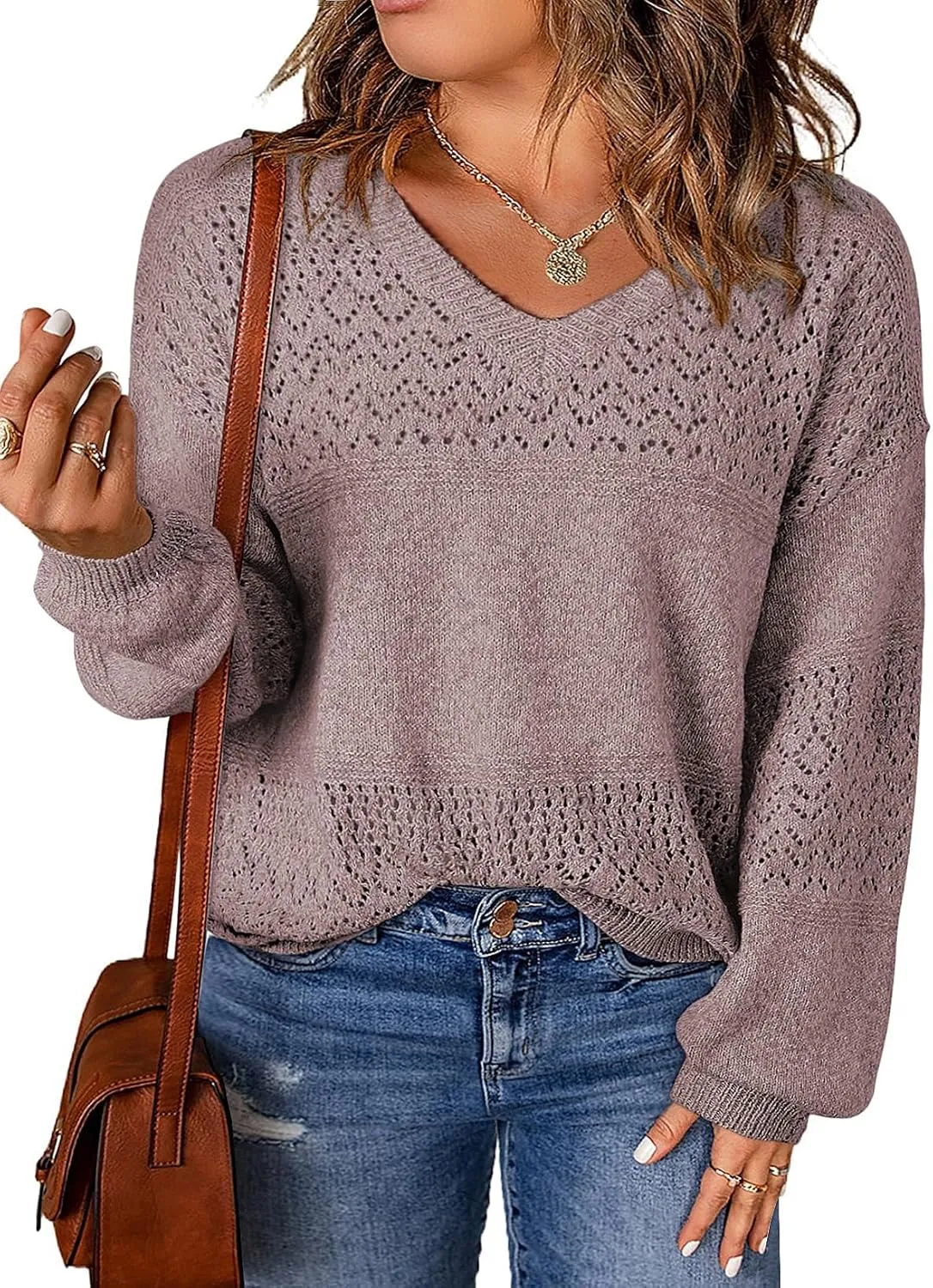 Eytino Womens Plus Size Sweater Casual Long Sleeve V Neck Crochet Knit Lightweight Pullover Sweater Tops(1X-5X)