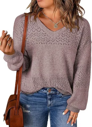 Eytino Womens Plus Size Sweater Casual Long Sleeve V Neck Crochet Knit Lightweight Pullover Sweater Tops(1X-5X)