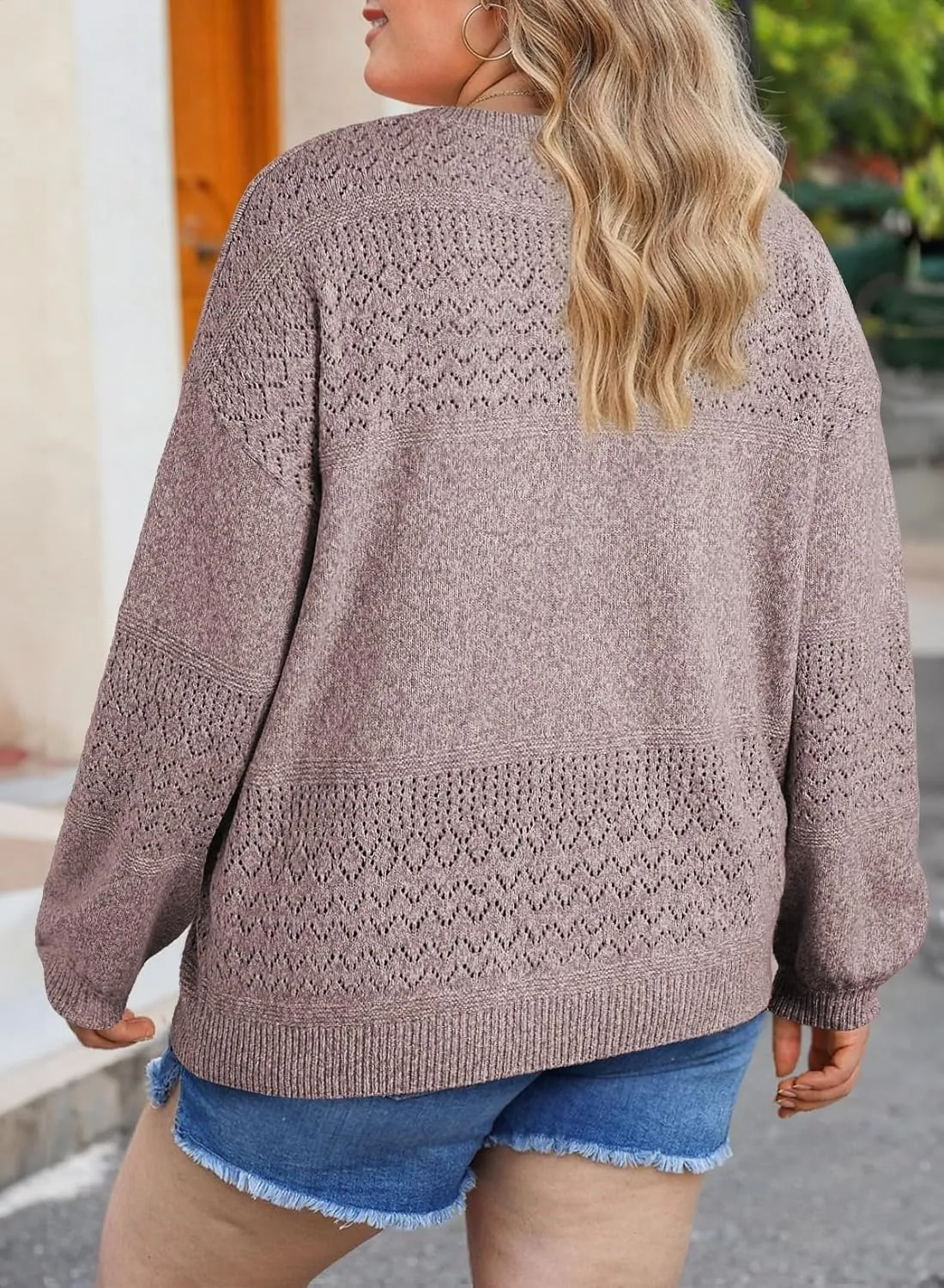 Eytino Womens Plus Size Sweater Casual Long Sleeve V Neck Crochet Knit Lightweight Pullover Sweater Tops(1X-5X)