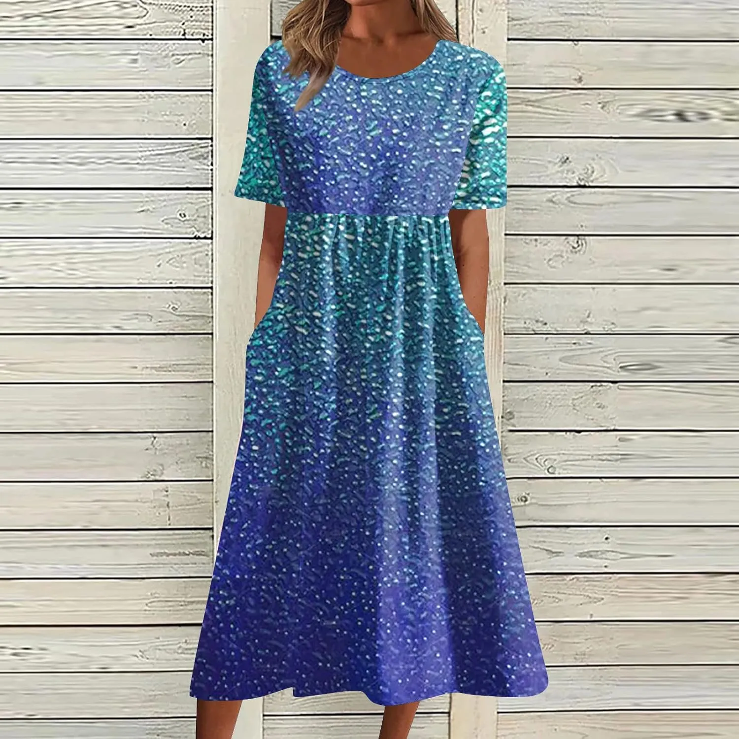 FlekmanArt Dresses for Women 2024 Round Neck Pocket Long Dresses Pleated Printed Dresses Short Sleeve Casual Beach Dress