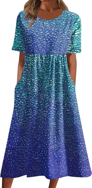 FlekmanArt Dresses for Women 2024 Round Neck Pocket Long Dresses Pleated Printed Dresses Short Sleeve Casual Beach Dress