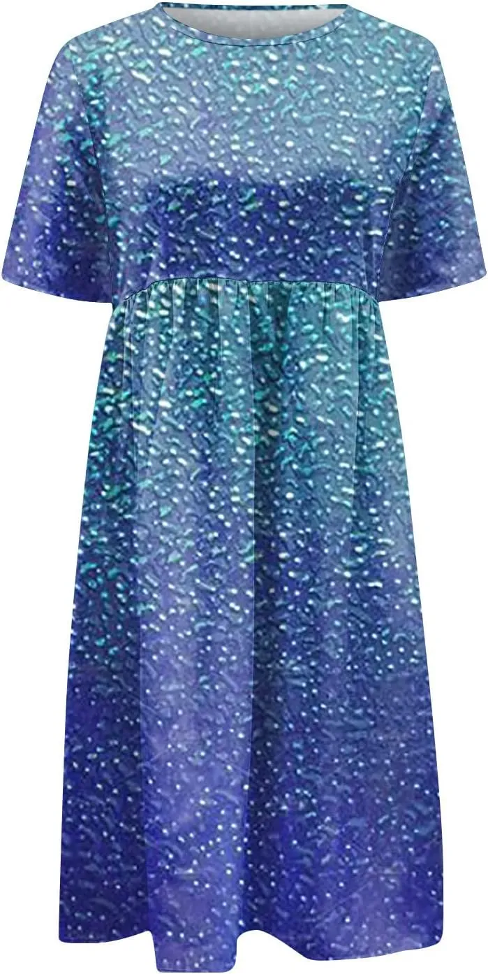 FlekmanArt Dresses for Women 2024 Round Neck Pocket Long Dresses Pleated Printed Dresses Short Sleeve Casual Beach Dress