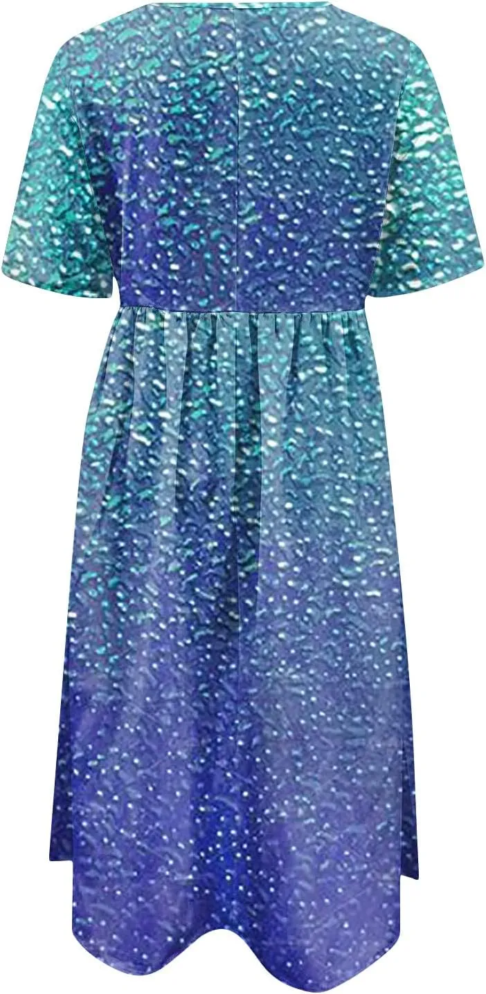 FlekmanArt Dresses for Women 2024 Round Neck Pocket Long Dresses Pleated Printed Dresses Short Sleeve Casual Beach Dress