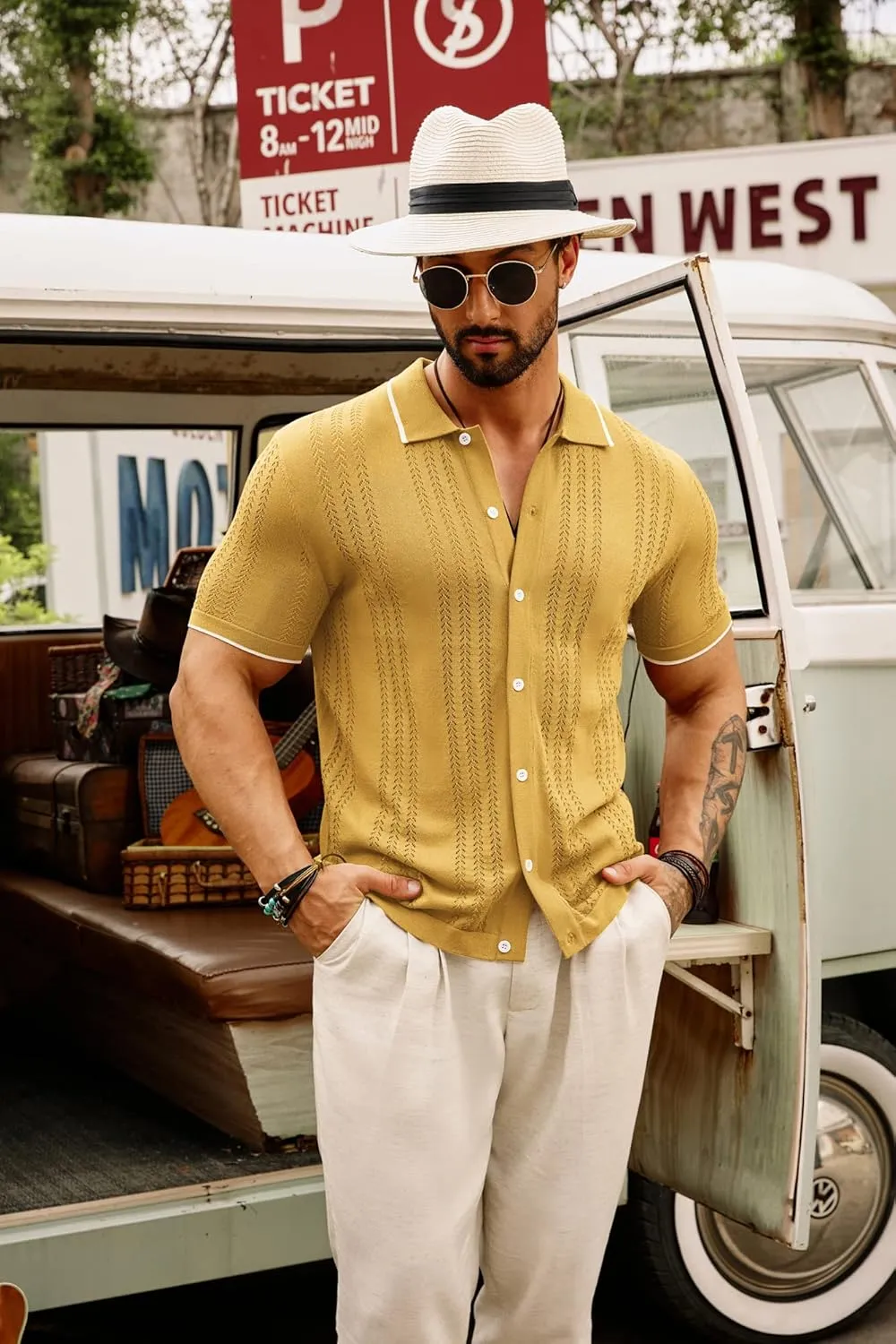 GRACE KARIN Men's Knit Polo Shirt Breathable Hollow Out Casual Button Down Shirts