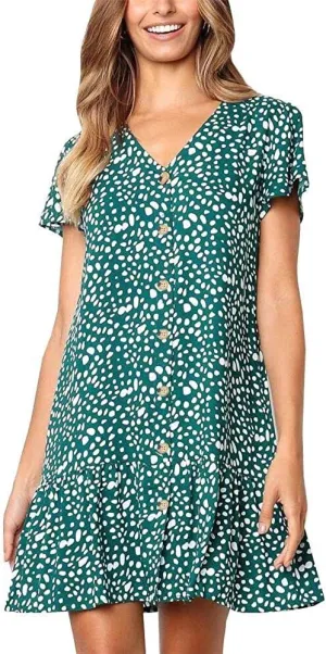 Imysty Womens Polka Dot V Neck Button Down Ruffles Loose Mini Short T-Shirt Dress
