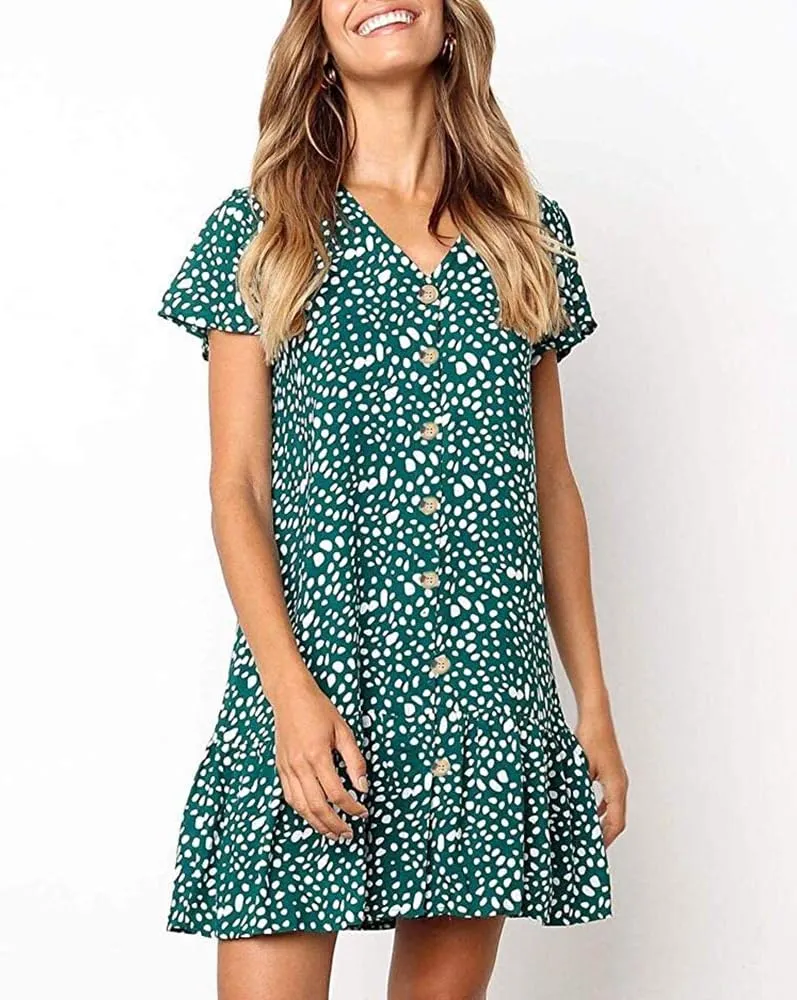 Imysty Womens Polka Dot V Neck Button Down Ruffles Loose Mini Short T-Shirt Dress