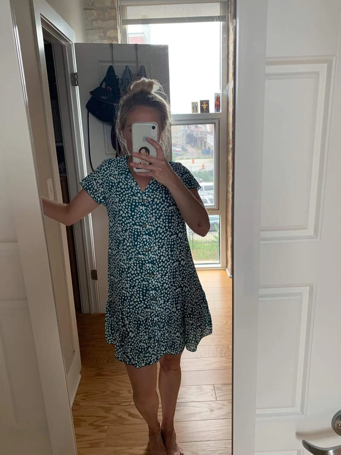 Imysty Womens Polka Dot V Neck Button Down Ruffles Loose Mini Short T-Shirt Dress