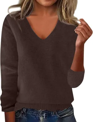 Ladies Sweaters Long Sleeve Deep V Neck Cashmere Sweaters Soft Wool Tunic Sweaters Tops Trendy Ribbed Cuffs Sweaters