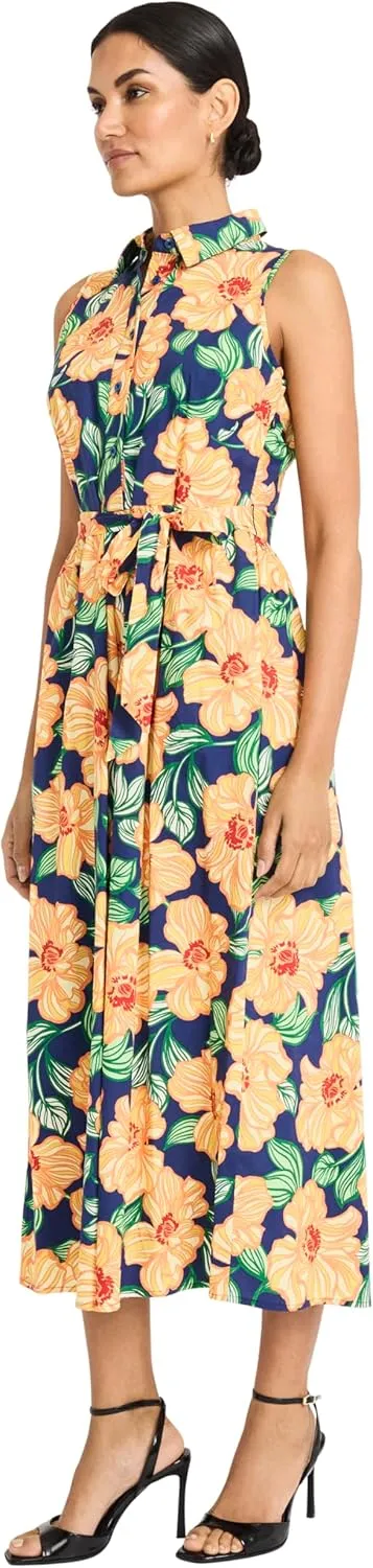 Maggy London Women's Button Front Sleeveless Midi Length Belted Pockets-Collared Neck-Summer Wedding Guest Dress