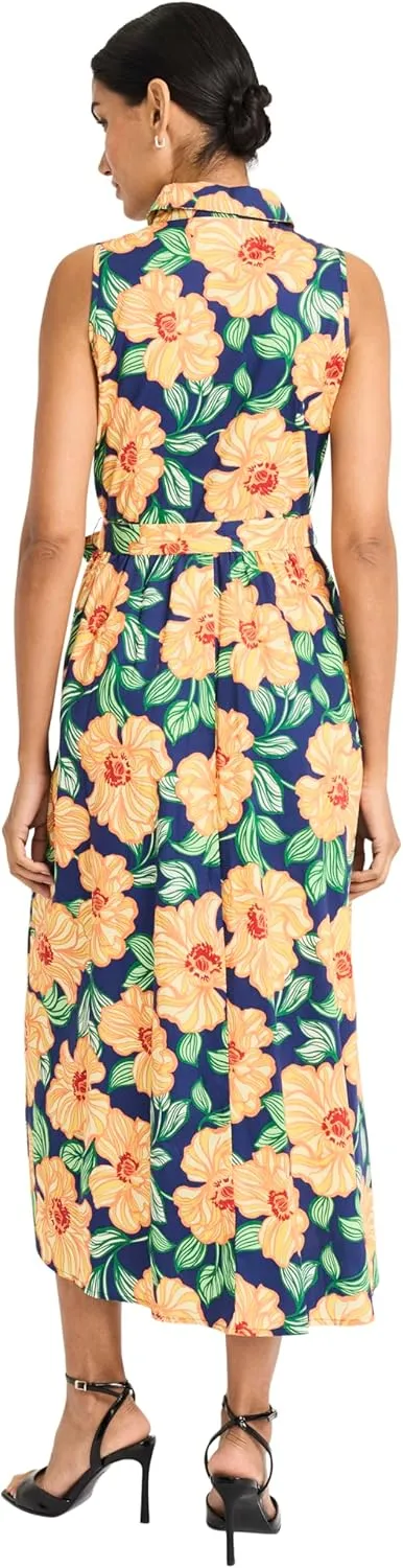 Maggy London Women's Button Front Sleeveless Midi Length Belted Pockets-Collared Neck-Summer Wedding Guest Dress