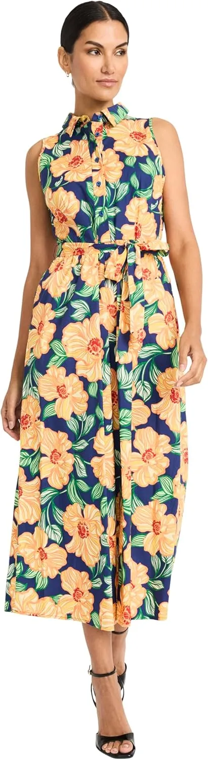 Maggy London Women's Button Front Sleeveless Midi Length Belted Pockets-Collared Neck-Summer Wedding Guest Dress