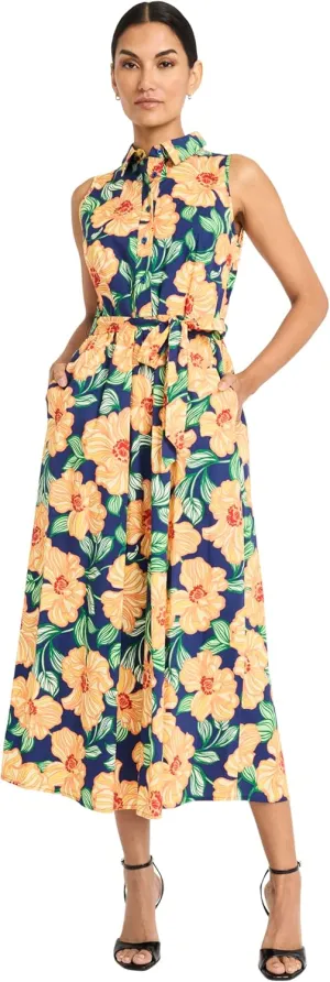 Maggy London Women's Button Front Sleeveless Midi Length Belted Pockets-Collared Neck-Summer Wedding Guest Dress