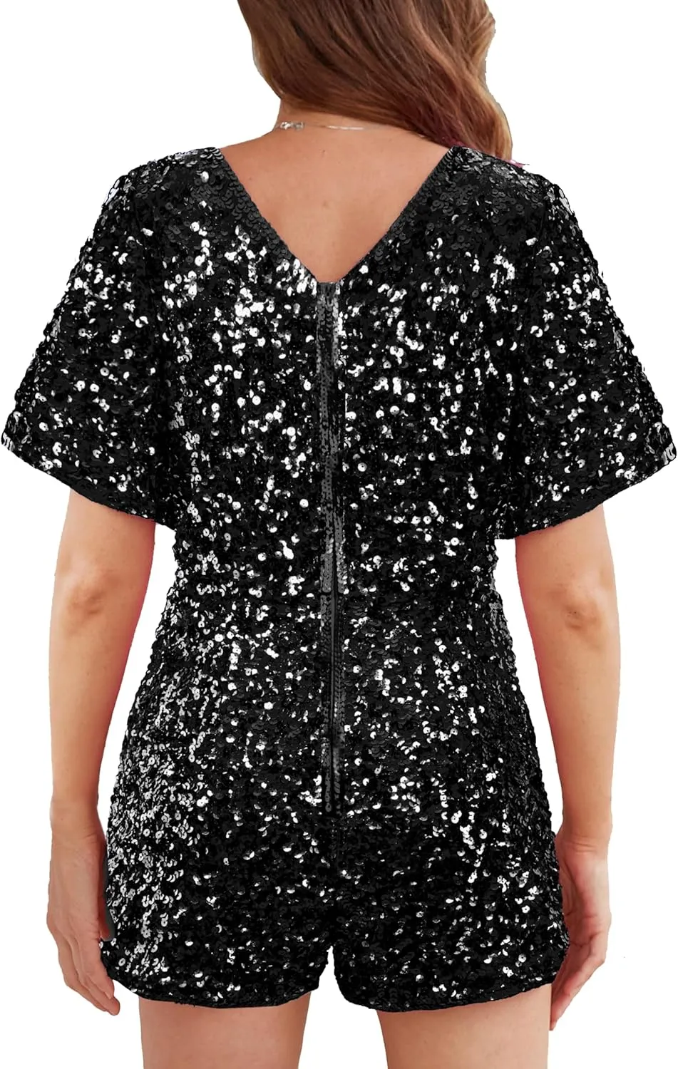 MANER Womens Sequin Romper Sparkly Short Jumpsuit Party Concert Outfit With Flutter Sleeve