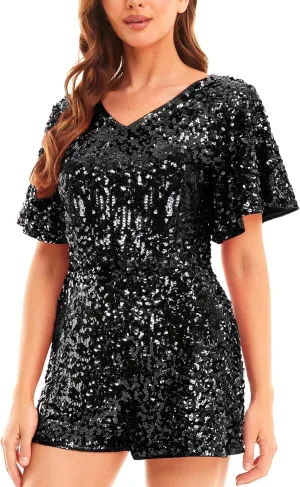 MANER Womens Sequin Romper Sparkly Short Jumpsuit Party Concert Outfit With Flutter Sleeve