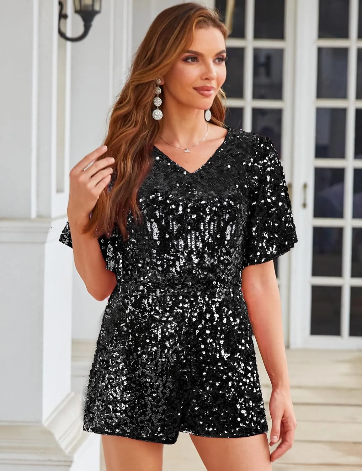 MANER Womens Sequin Romper Sparkly Short Jumpsuit Party Concert Outfit With Flutter Sleeve