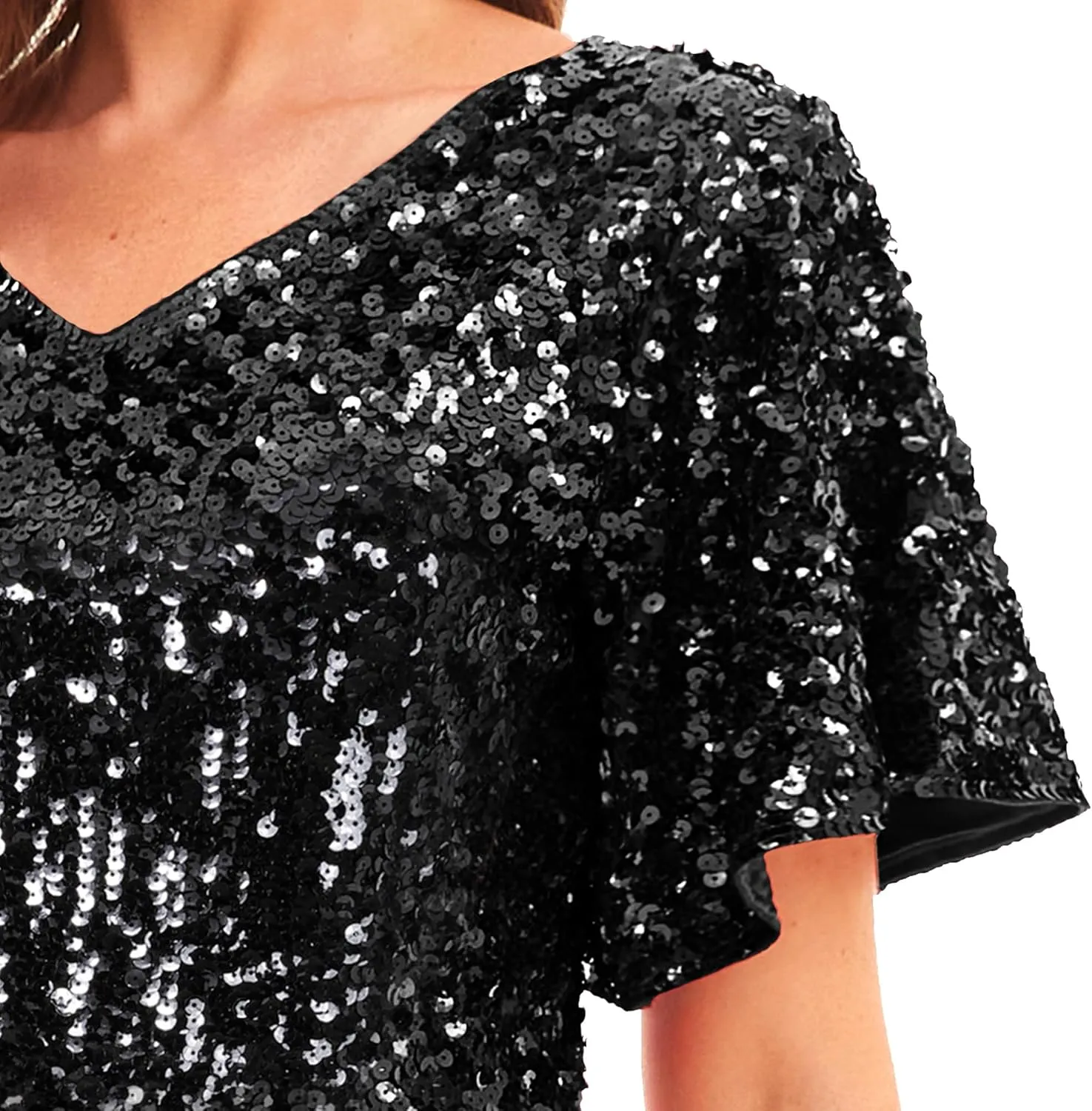 MANER Womens Sequin Romper Sparkly Short Jumpsuit Party Concert Outfit With Flutter Sleeve