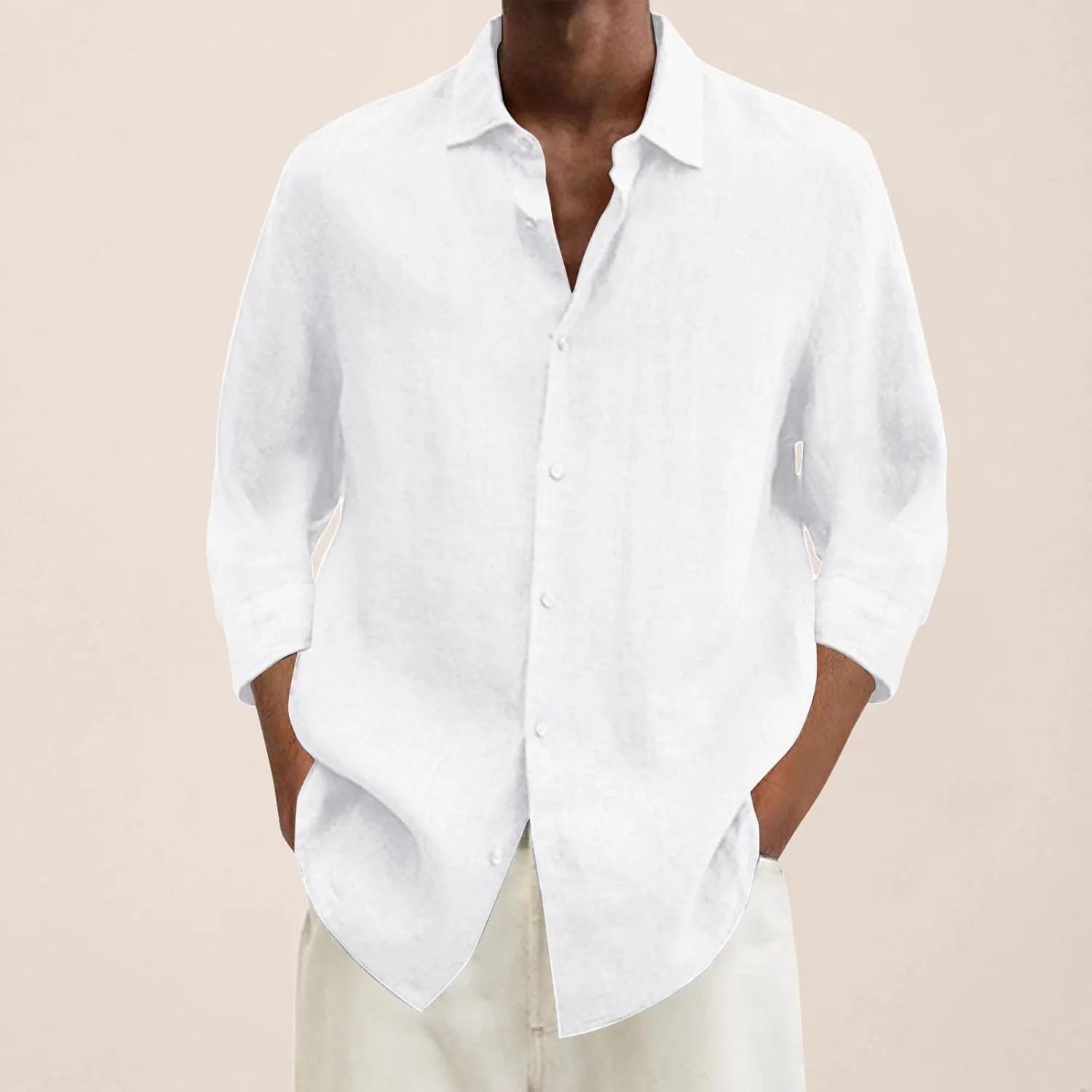Mens Casual Linen Shirts 3/4 Sleeve Button Down Shirt Hawaiian Vacation Summer Tees Outdoor Plain Beach Collared Tops