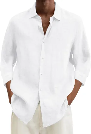 Mens Casual Linen Shirts 3/4 Sleeve Button Down Shirt Hawaiian Vacation Summer Tees Outdoor Plain Beach Collared Tops
