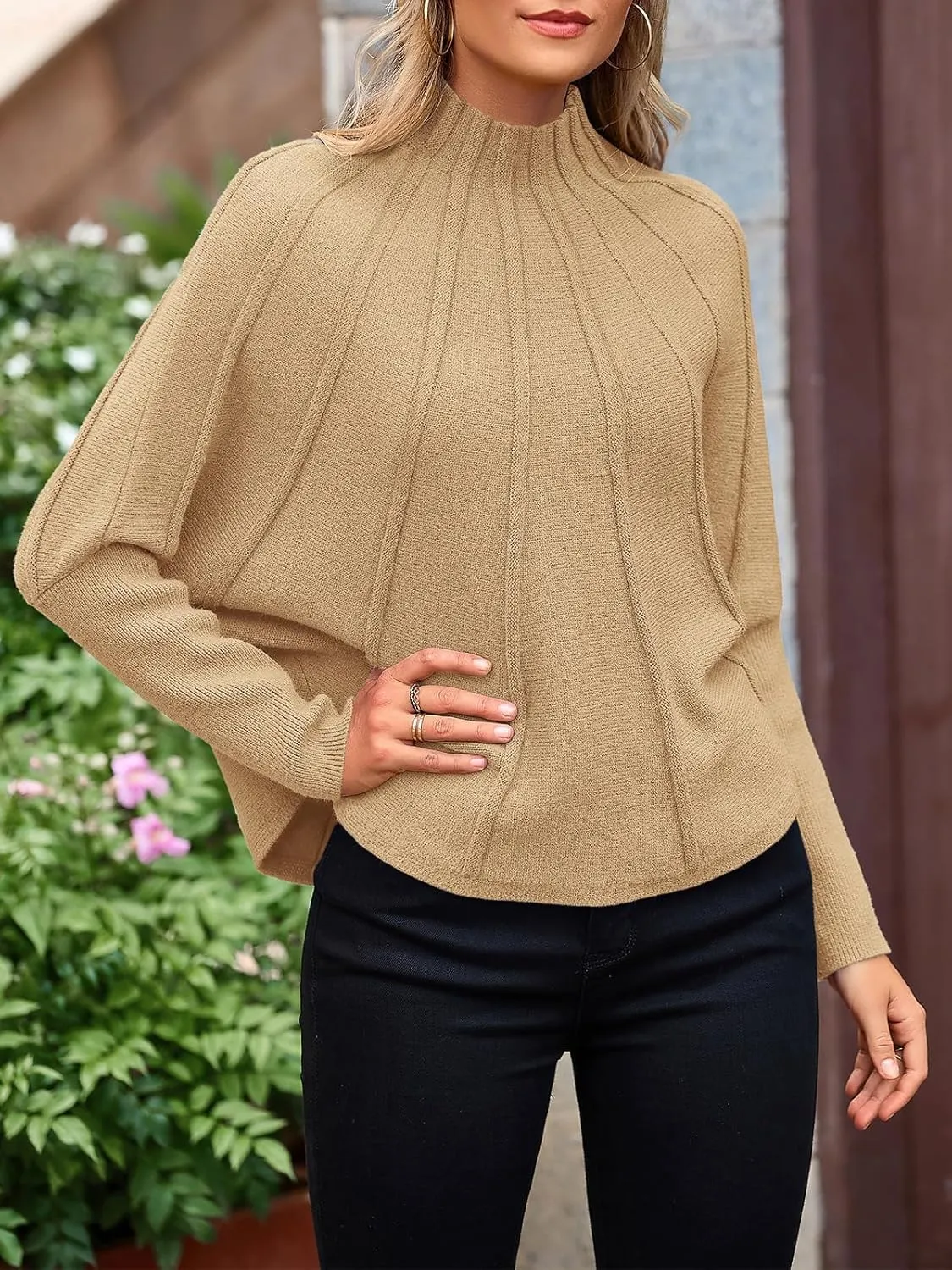 NALANISA Women's Mock Neck Batwing Sleeve Sweaters 2024 Fall Winter Oversized Knit Cute Pullover Sweater Dolman Tops Trendy