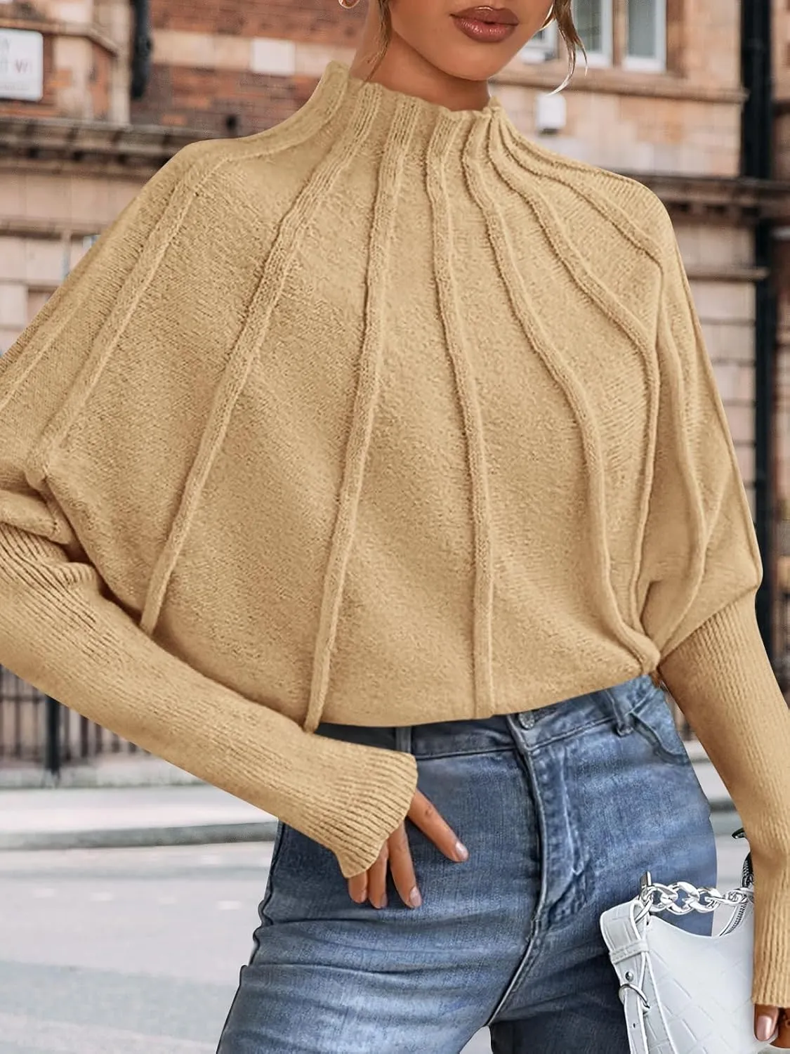 NALANISA Women's Mock Neck Batwing Sleeve Sweaters 2024 Fall Winter Oversized Knit Cute Pullover Sweater Dolman Tops Trendy