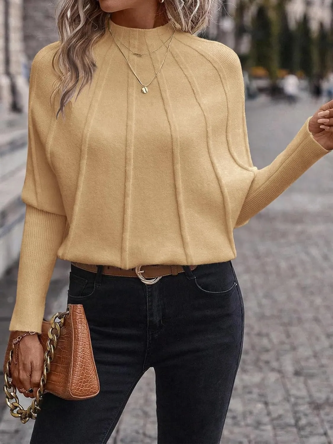 NALANISA Women's Mock Neck Batwing Sleeve Sweaters 2024 Fall Winter Oversized Knit Cute Pullover Sweater Dolman Tops Trendy