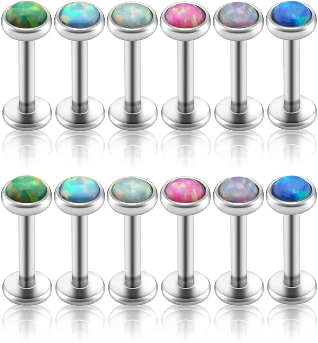 PiercingJ 2-12pcs 16G 316L Stainless Steel Cartilage Tragus Earrings 3mm Round Opal 5/16" Barbell Ear Stud Helix Lip Labret Monroe Earring Birthstone Body Piercing Jewelry