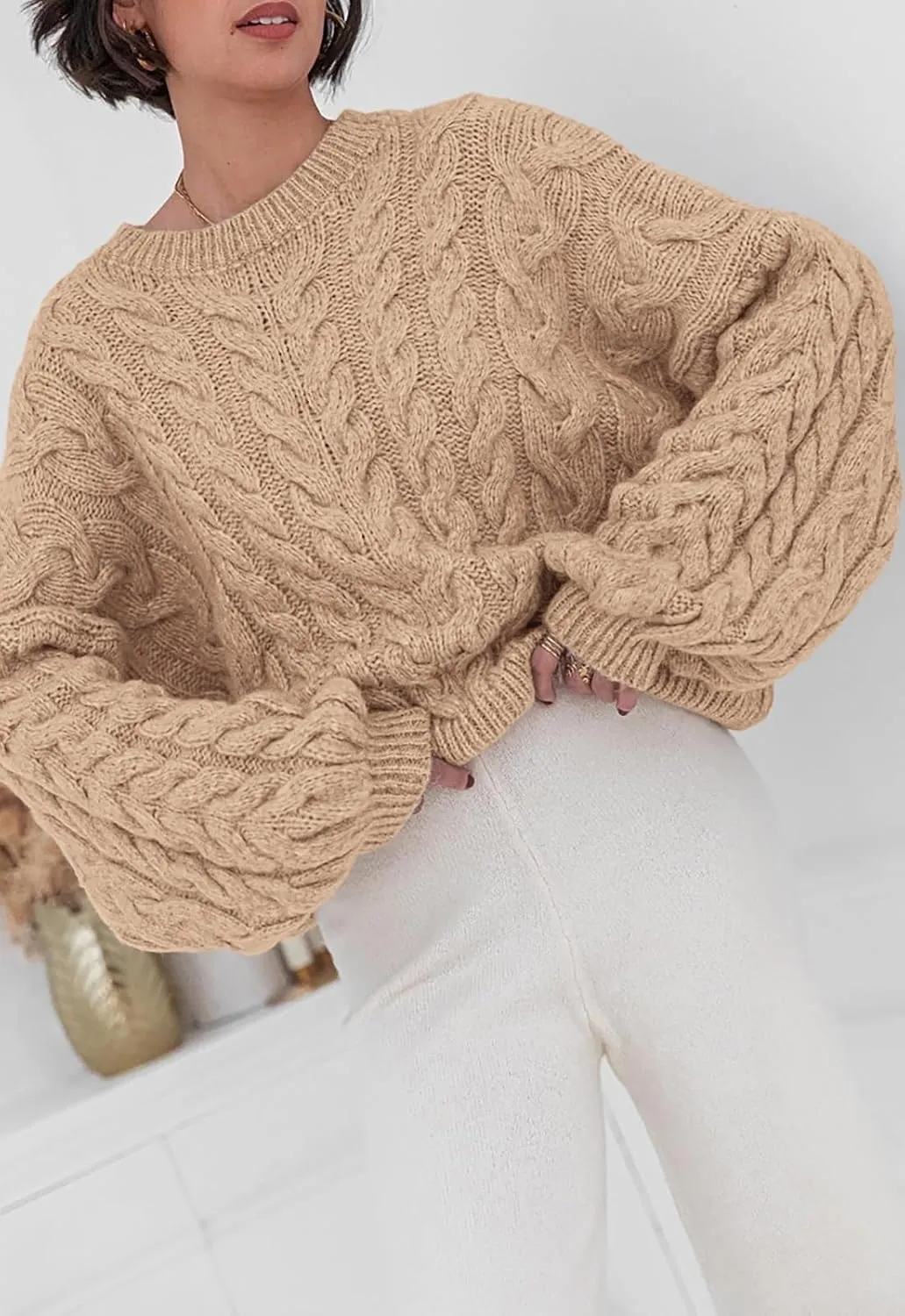 PRETTYGARDEN Womens Sweaters Spring 2025 Cable Knit Long Sleeve Crewneck Oversized Sweater Chunky Pullover Loose Outfits