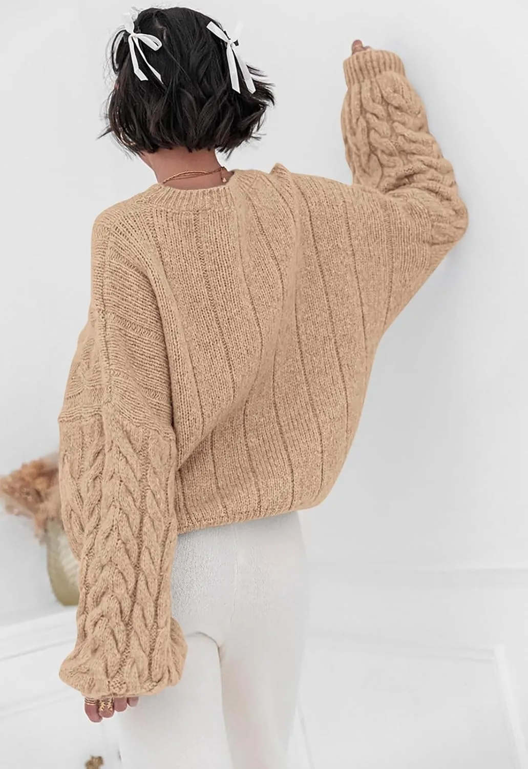 PRETTYGARDEN Womens Sweaters Spring 2025 Cable Knit Long Sleeve Crewneck Oversized Sweater Chunky Pullover Loose Outfits