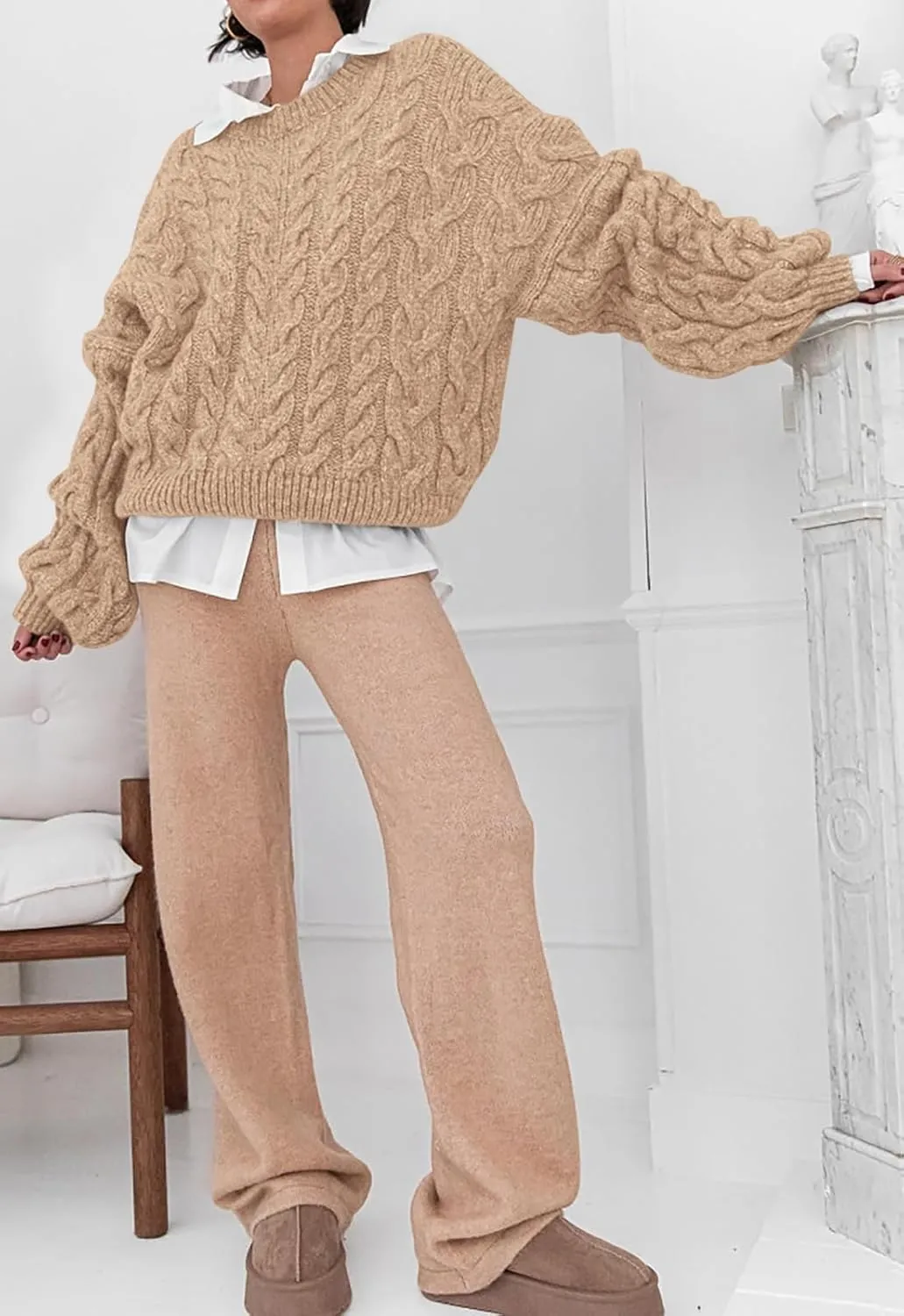 PRETTYGARDEN Womens Sweaters Spring 2025 Cable Knit Long Sleeve Crewneck Oversized Sweater Chunky Pullover Loose Outfits