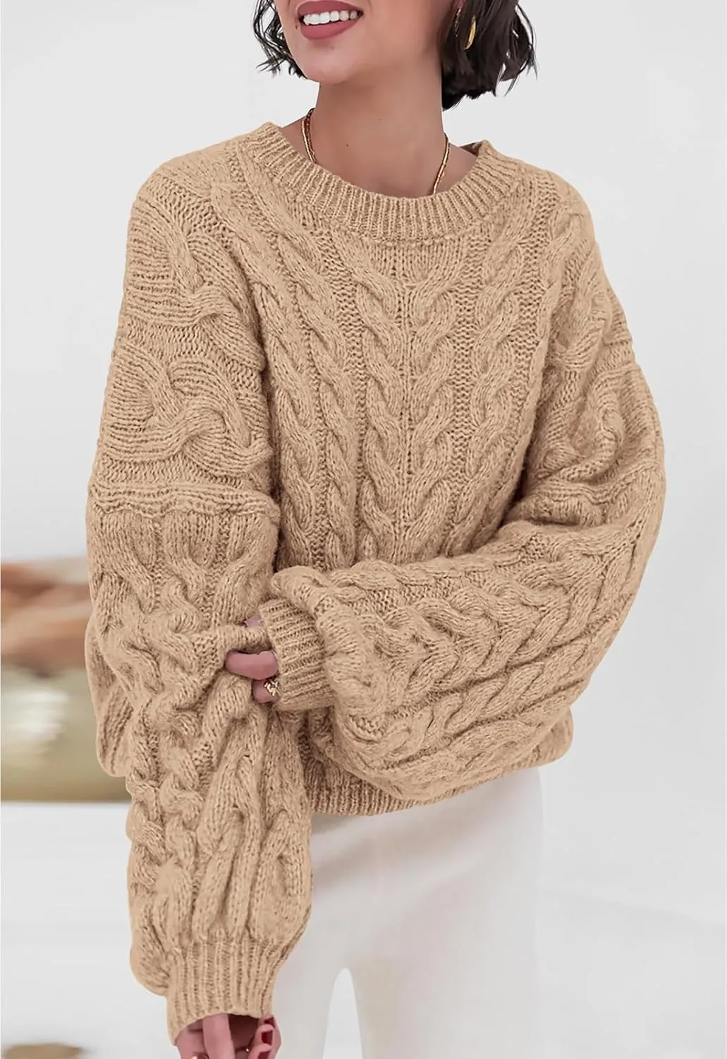 PRETTYGARDEN Womens Sweaters Spring 2025 Cable Knit Long Sleeve Crewneck Oversized Sweater Chunky Pullover Loose Outfits
