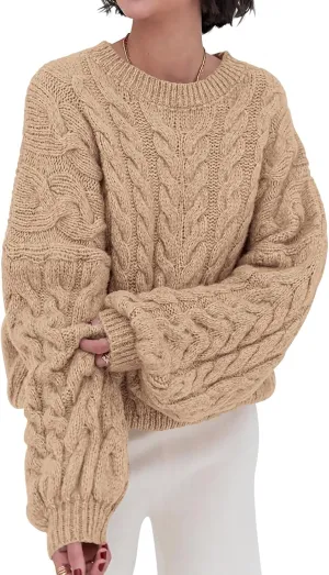 PRETTYGARDEN Womens Sweaters Spring 2025 Cable Knit Long Sleeve Crewneck Oversized Sweater Chunky Pullover Loose Outfits
